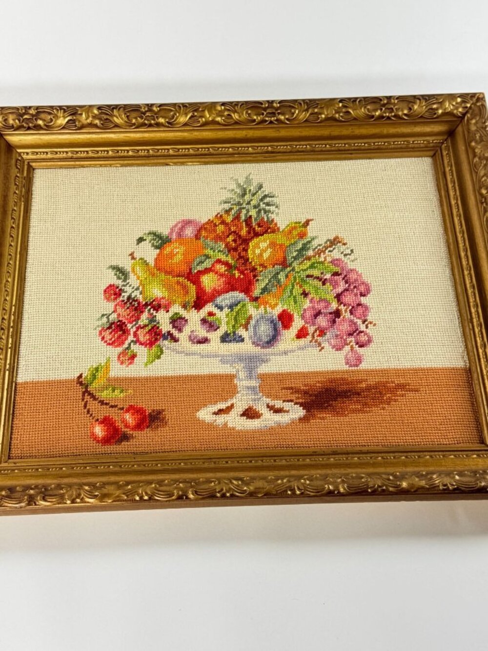 Vintage Needlepoint Fruit Basket Gold Ornate Baroque Style Frame Wall Art Decor